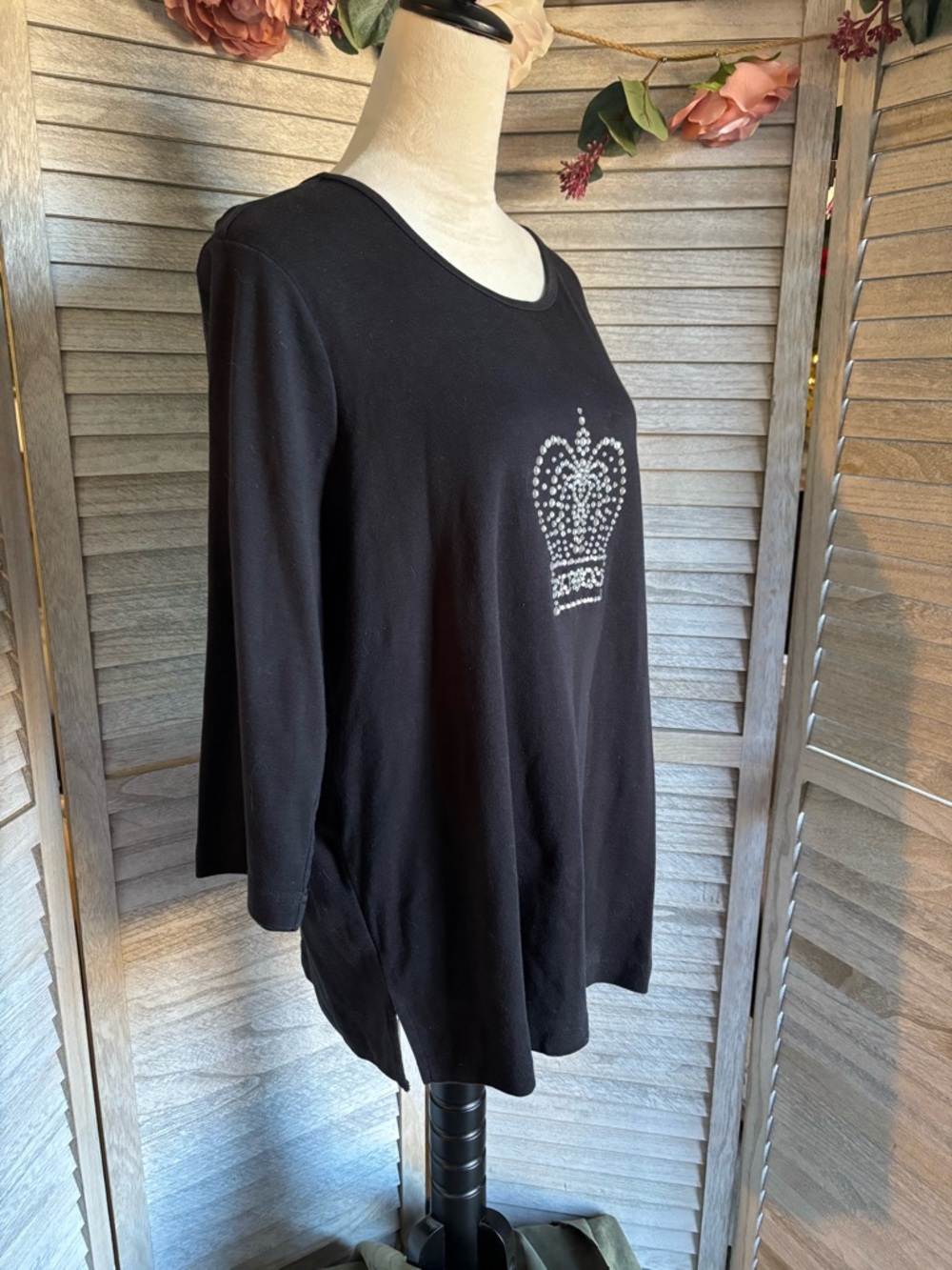 Vintage Quacker Factory Women’s SZ 2X Black 3/4 Sleeve Shirt w/Rhinestone Crown - Picture 6 of 9
